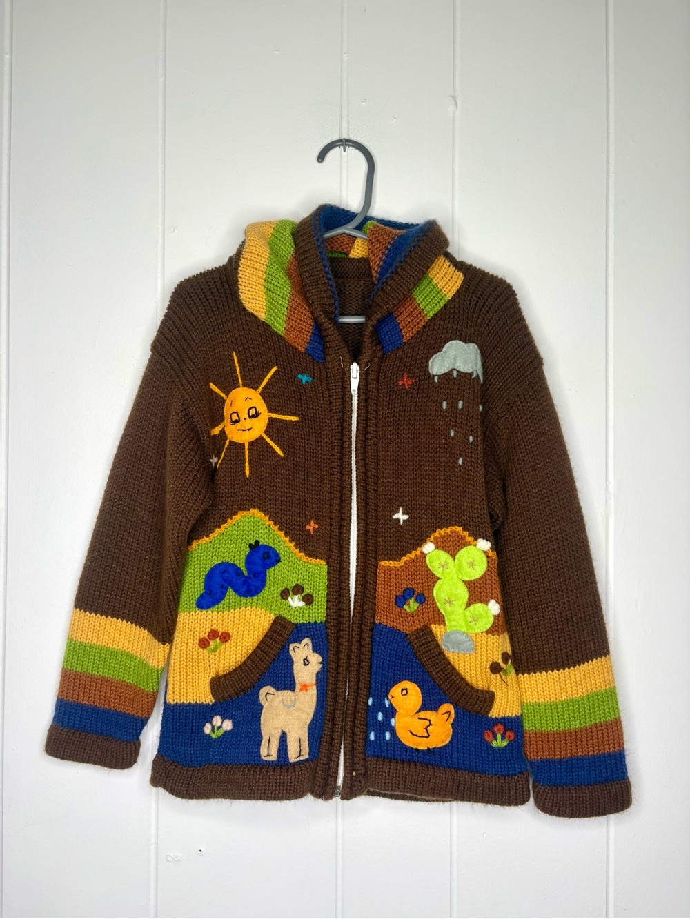 Handmade Children’s Knit Cardigan Zip Up Animals Peru Sun Rain Hippie 5T Unisex